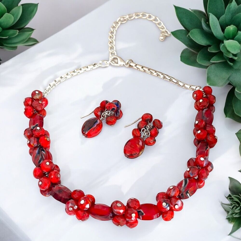 New Red Art Glass Statement Necklace Earring Set Beads - 12P